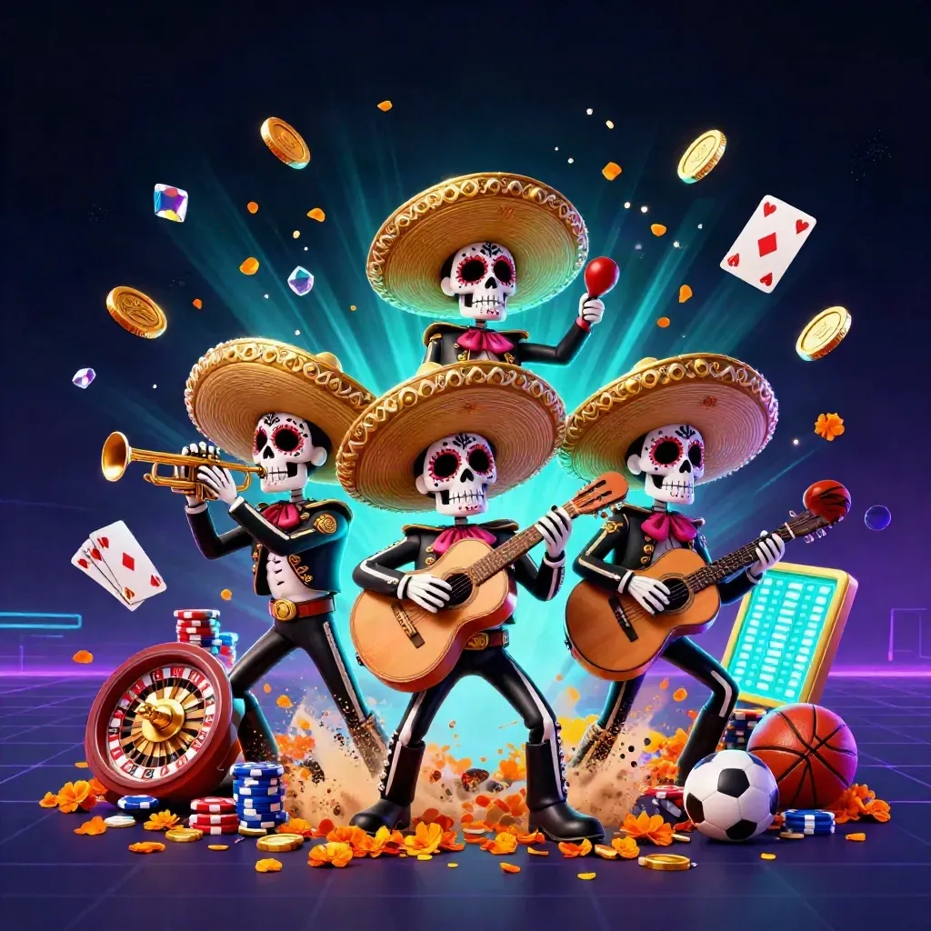 Skeleton mariachi trio amid casino coins, roulette wheel, cards, chips and neon glow