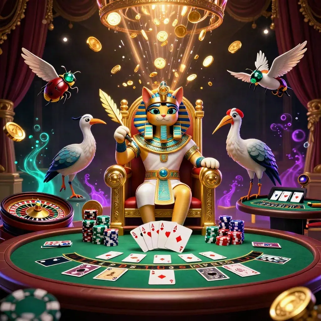 Pharaoh cat on throne with ibis scribe, scarabs, coins, chips, cards, and casino lights exploding