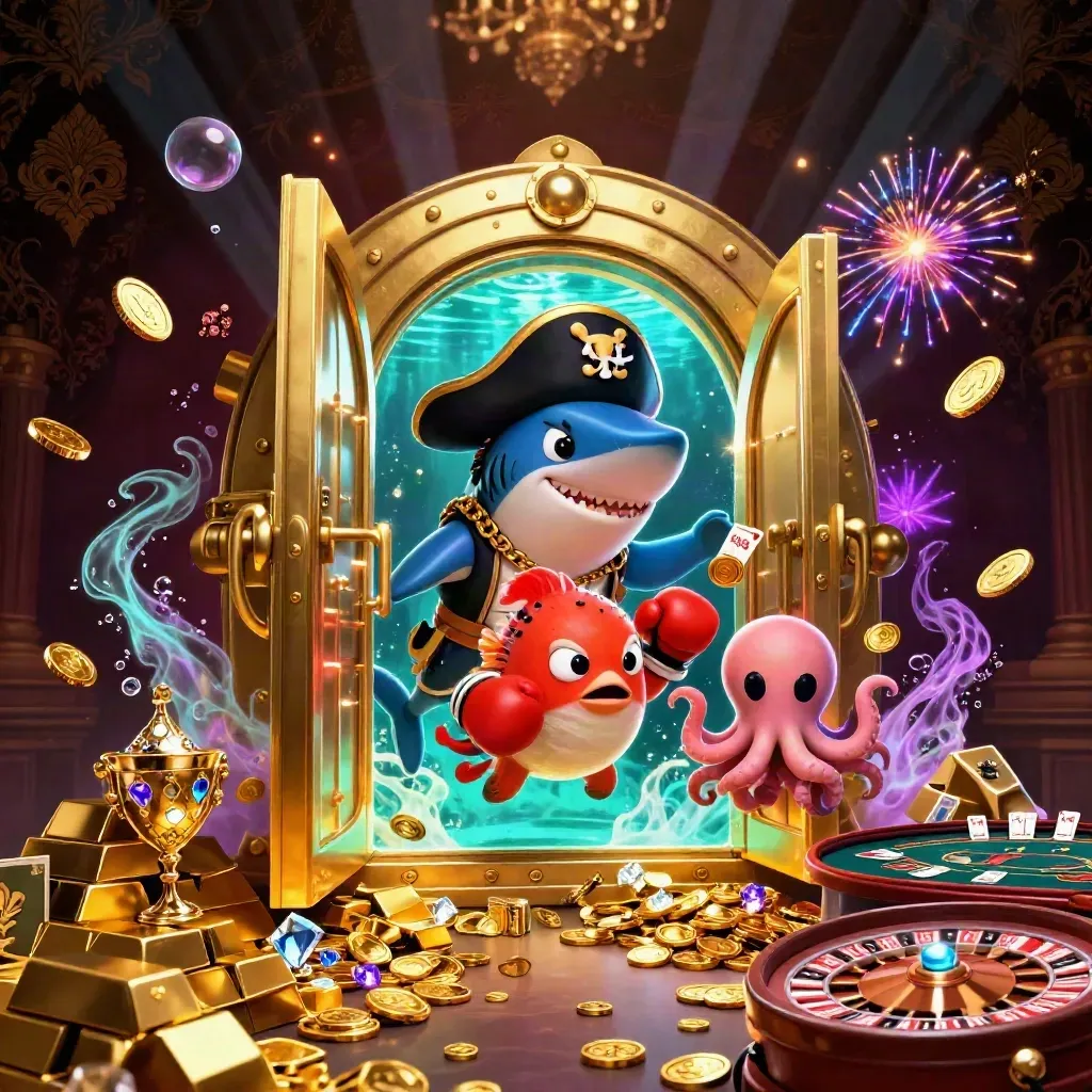 Pirate shark, pufferfish, and octopus erupt from a glowing vault amid gold coins and casino lights.