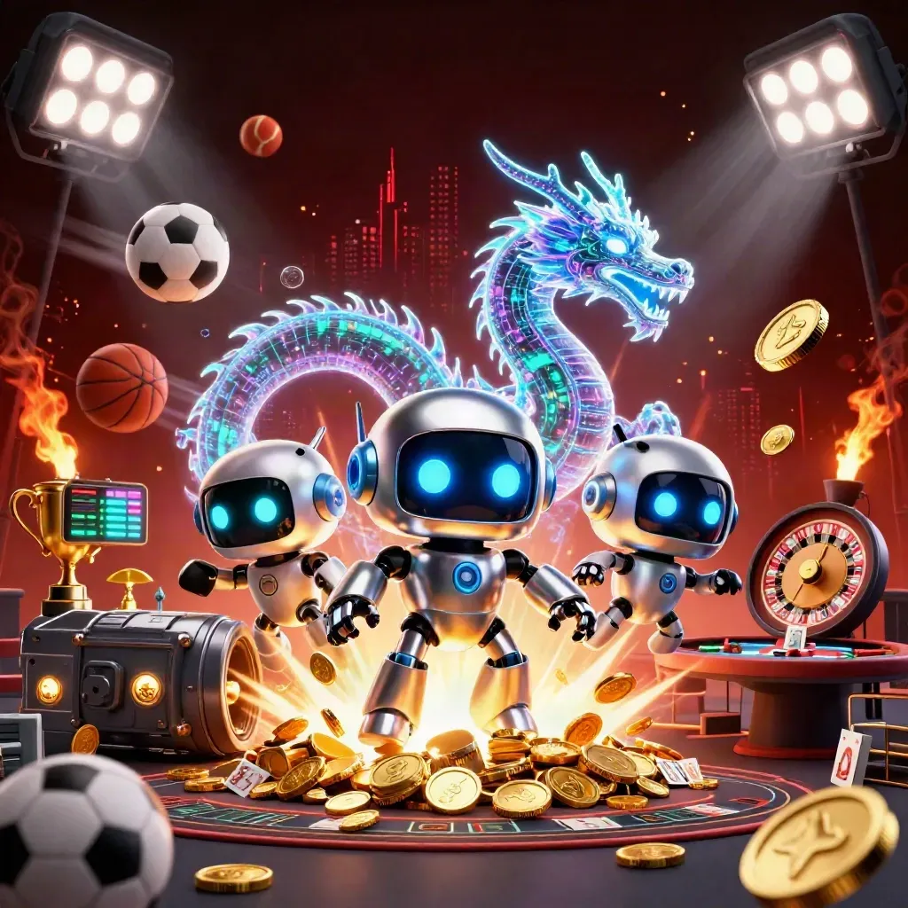 Cyberpunk robot, holographic dragon, and coin drone amid jackpot vault chaos and casino lights.