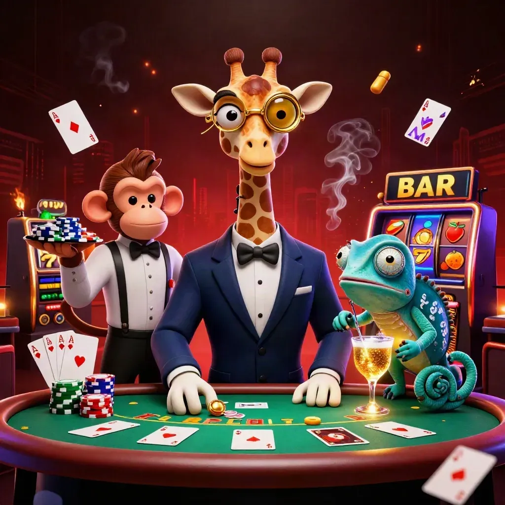 Stylized casino trio: giraffe, monkey and chameleon around a chip-stacked poker table in neon glow.